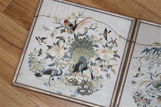 A set of four Chinese silkwork panels depicting birds and flowers, housed back to back in two frames, c.1910, 26.5 x 27cm